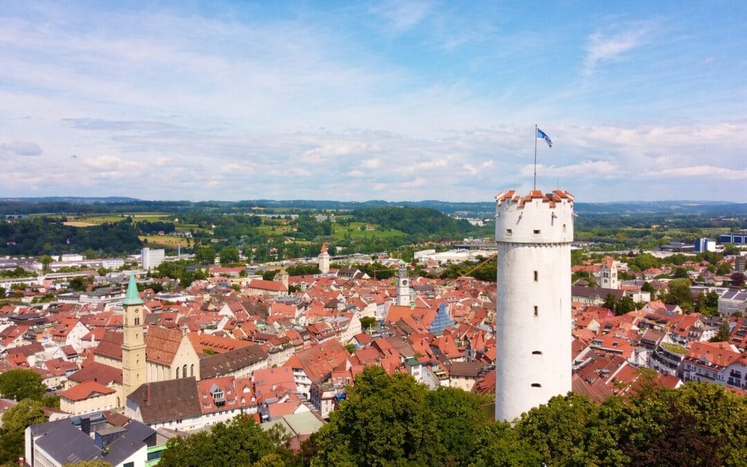 Luftaufnahme der Ravensburger Altstadt mit dem Mehlsack