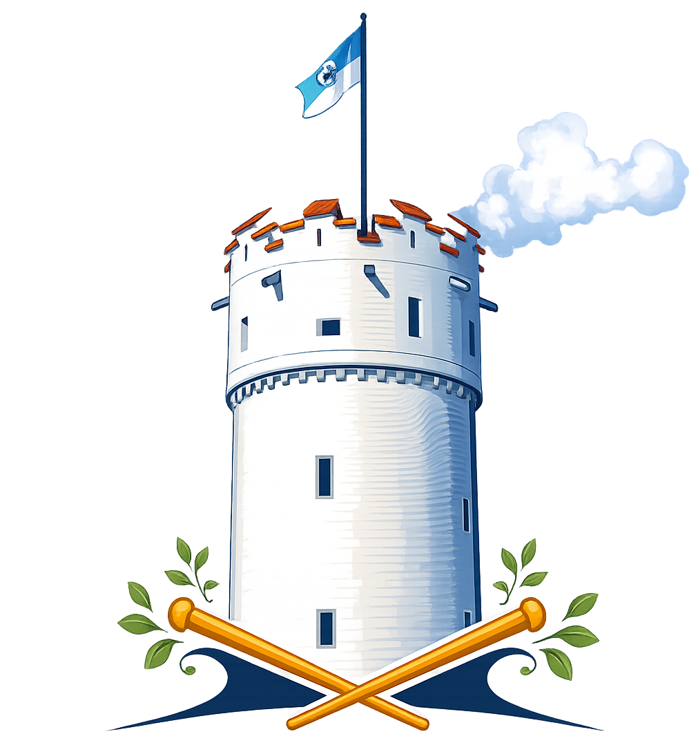 Ein weißer runder Turm mit einer blau-weißen Fahne auf der Spitze, Dampf, der von den Zinnen aufsteigt, gekreuzte goldene Fledermäuse und belaubte Zweige am Fuß.